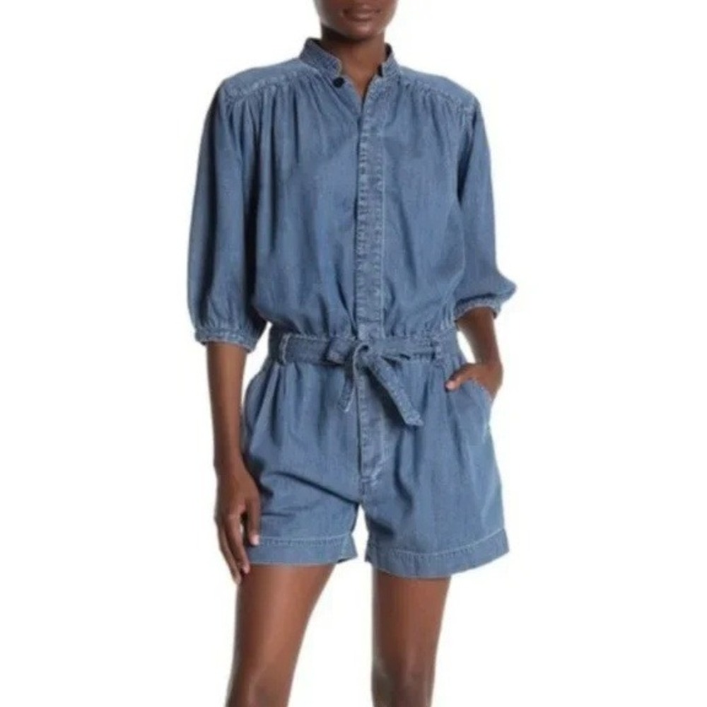 Frame Cali Joanie Chambray‎ Jumper Romper Puff Sleeve Tie Waist Blue Size Large